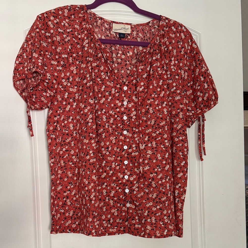 Red Floral Button-Front Women's Blouse